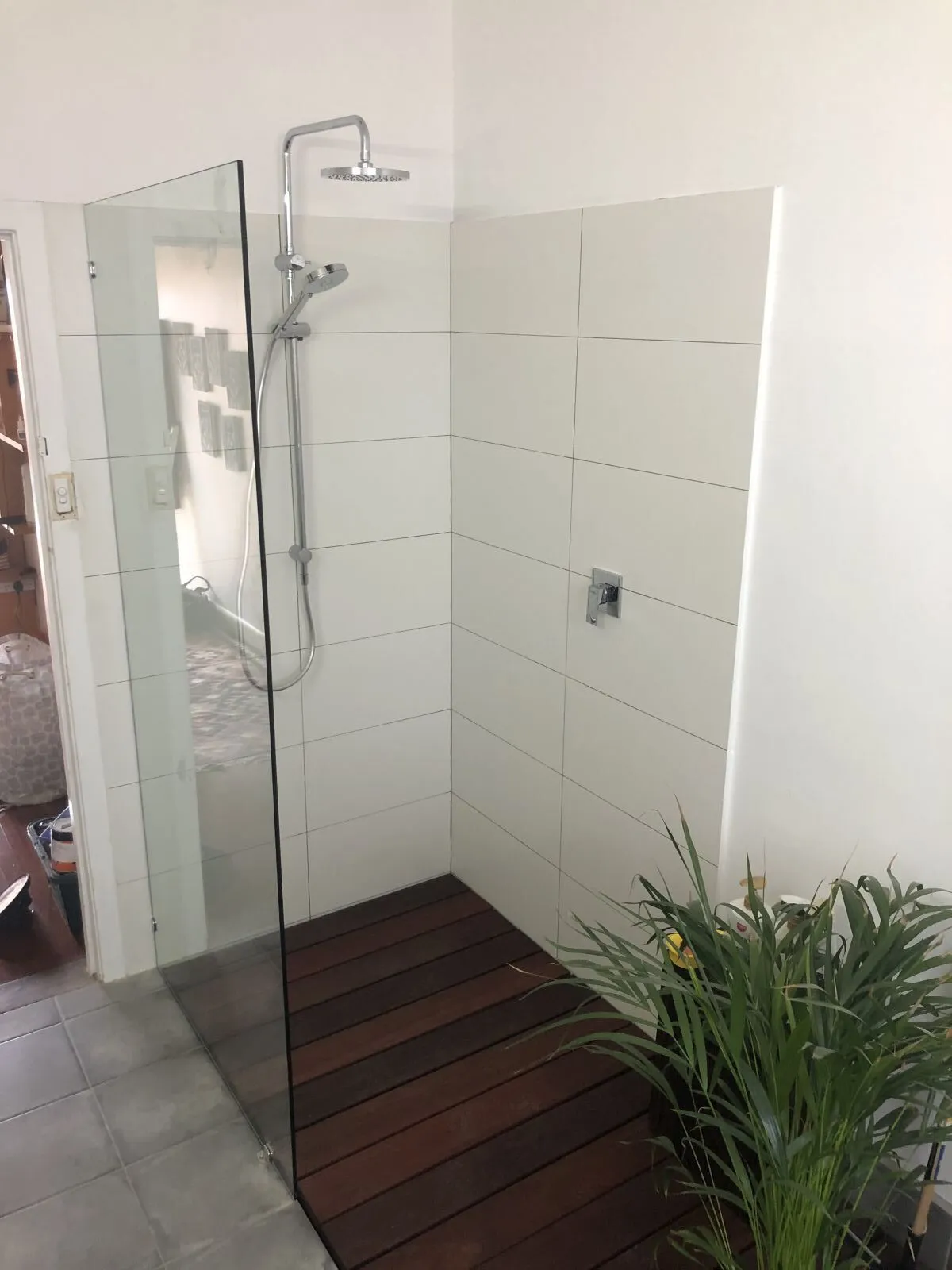 Frameless shower screen beside a timber floor and pot plant